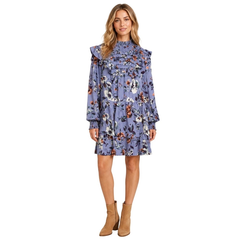 NWT Anthropologie Petites Blue Floral Ruffle Smocked Tiered Mini Dress MP